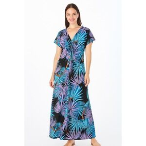 Gypsy Mara Hoffman Black Blue Purple Palm Print Maxi Dress Small Stretch Boho
